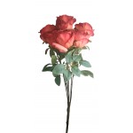 Bukiet róż, 6 kwiatów, wys. 50 cm, śr. główki-8,5cm; kolory: rudy, bordowy, łososiowy, blady róż, jasny z odcieniem fioletu .