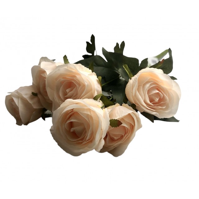 Bukiet  7 róż, wys. 48 cm, śr. główki- 9 cm; kolory:  bordowy, ciemny róż, jasny róż, herbaciany, kremowy, kremowy z różem.  