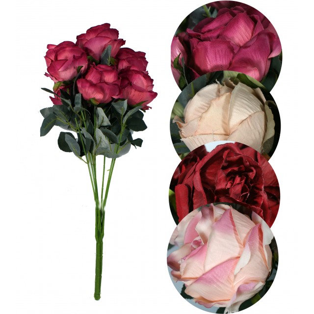 Bukiet róż -7 główek, wys. 56 cm. Kolory: bordowy, ciemny róż, jasny róż, cappucino.