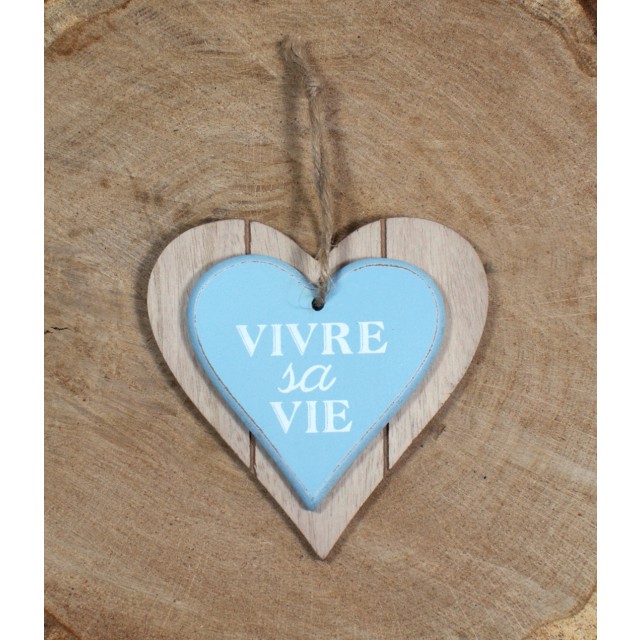 Drewniane serce "Vivre la vie"-"Żyj życiem"; wym.: 12/12 cm 
