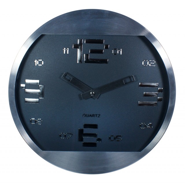 Zegar ścienny w srebrnej obudowie, grafitowa tarcza, śr.30 cm
