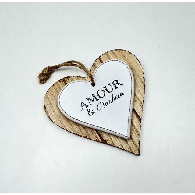 Drewniane serce "Amour&Bonheur" -"Miłość i Szczęście" ; wym.: 12/12 cm