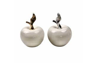 Dekoracja jabłko białe ze złotym listkiem. Wymiary: 11.5/7 cm.