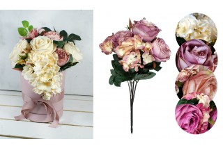 Bukiet róże + hortensje, łącznie 10 kwiatów, wys. 50 cm; kolory: kremowy, łososiowy, żywy różowy, zgaszony róż.